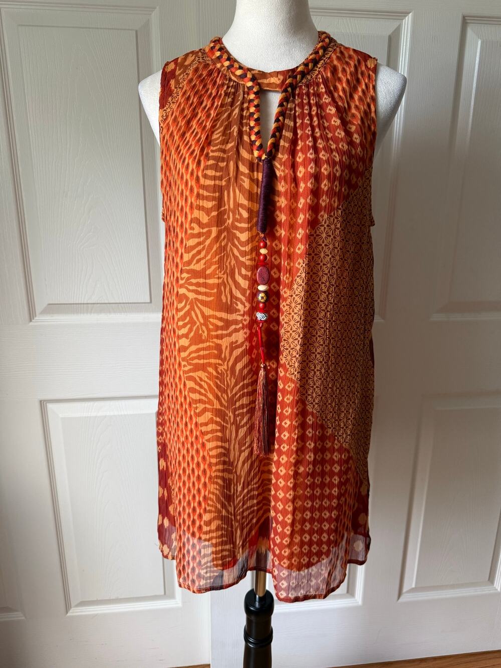 Soft Surroundings Mixed Animal Print‎ Cupro Tunic Top Beaded Tassel Size M